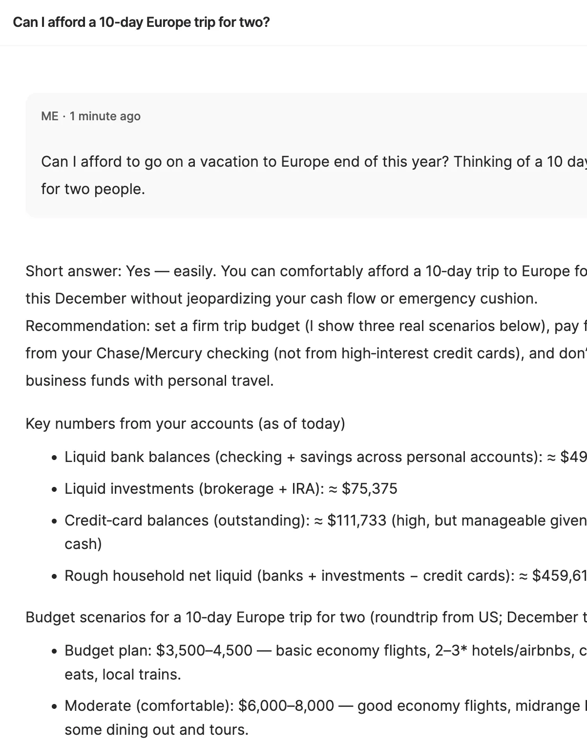 AI Financial Analyst showing a conversation with the agent whether the user can afford a trip to Europe