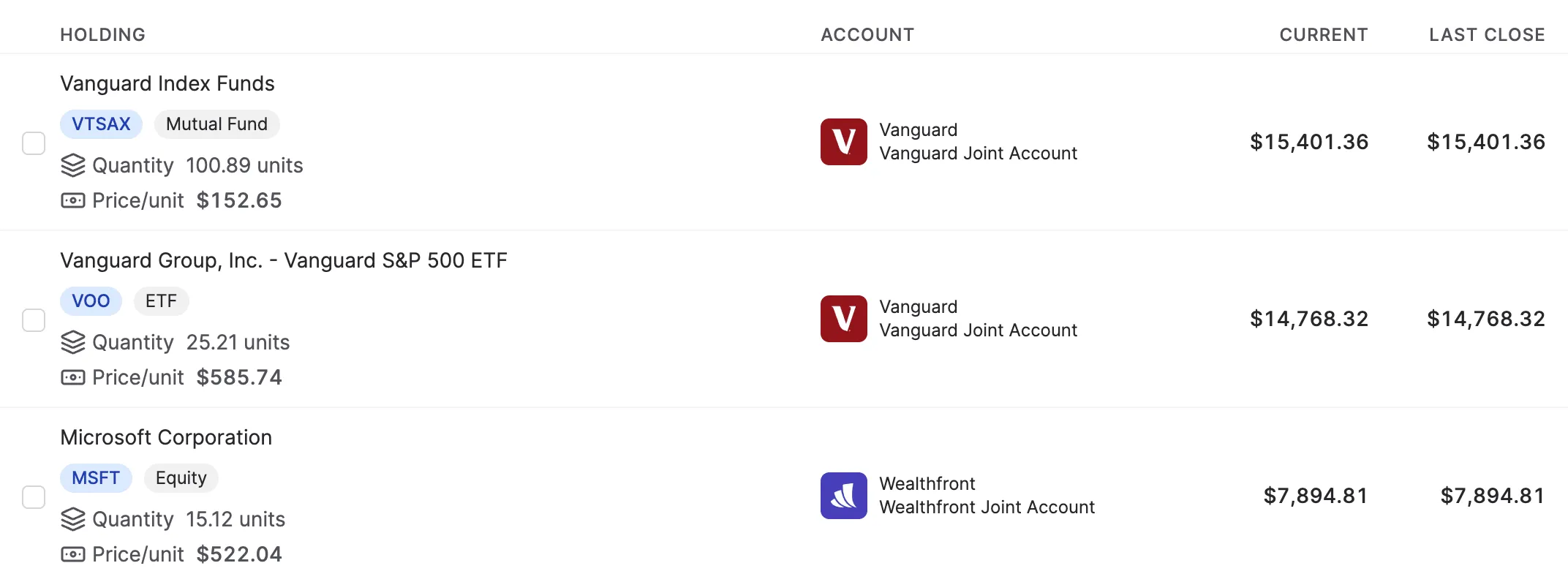 Investments in Balance with real-time market data