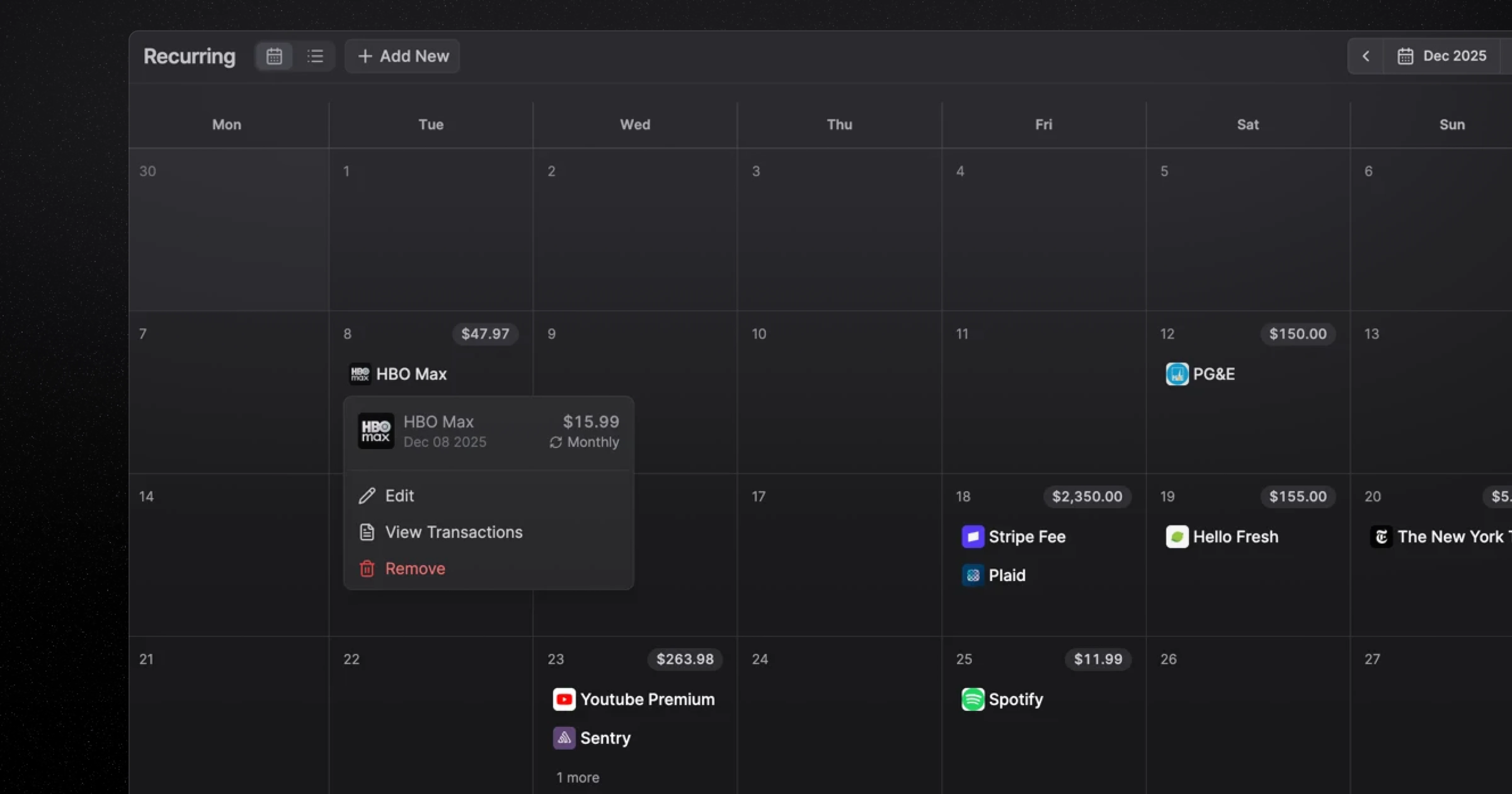 Recurring Charges in Balance