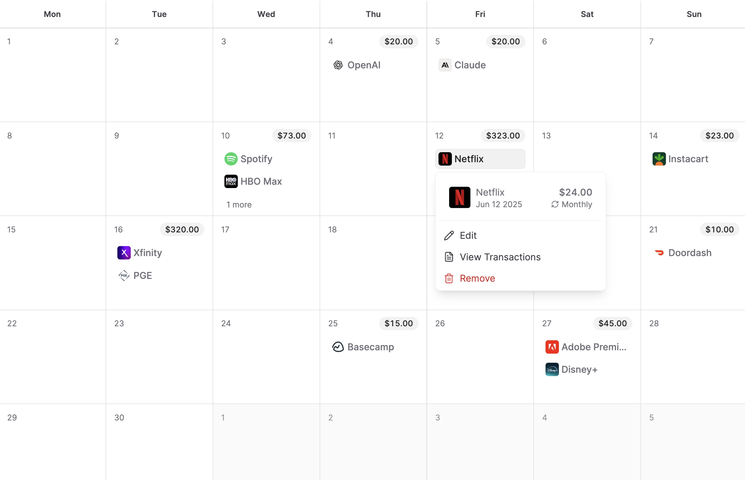 Balance Recurring Charges: Track subscriptions, bills, and recurring expenses with automatic AI detection